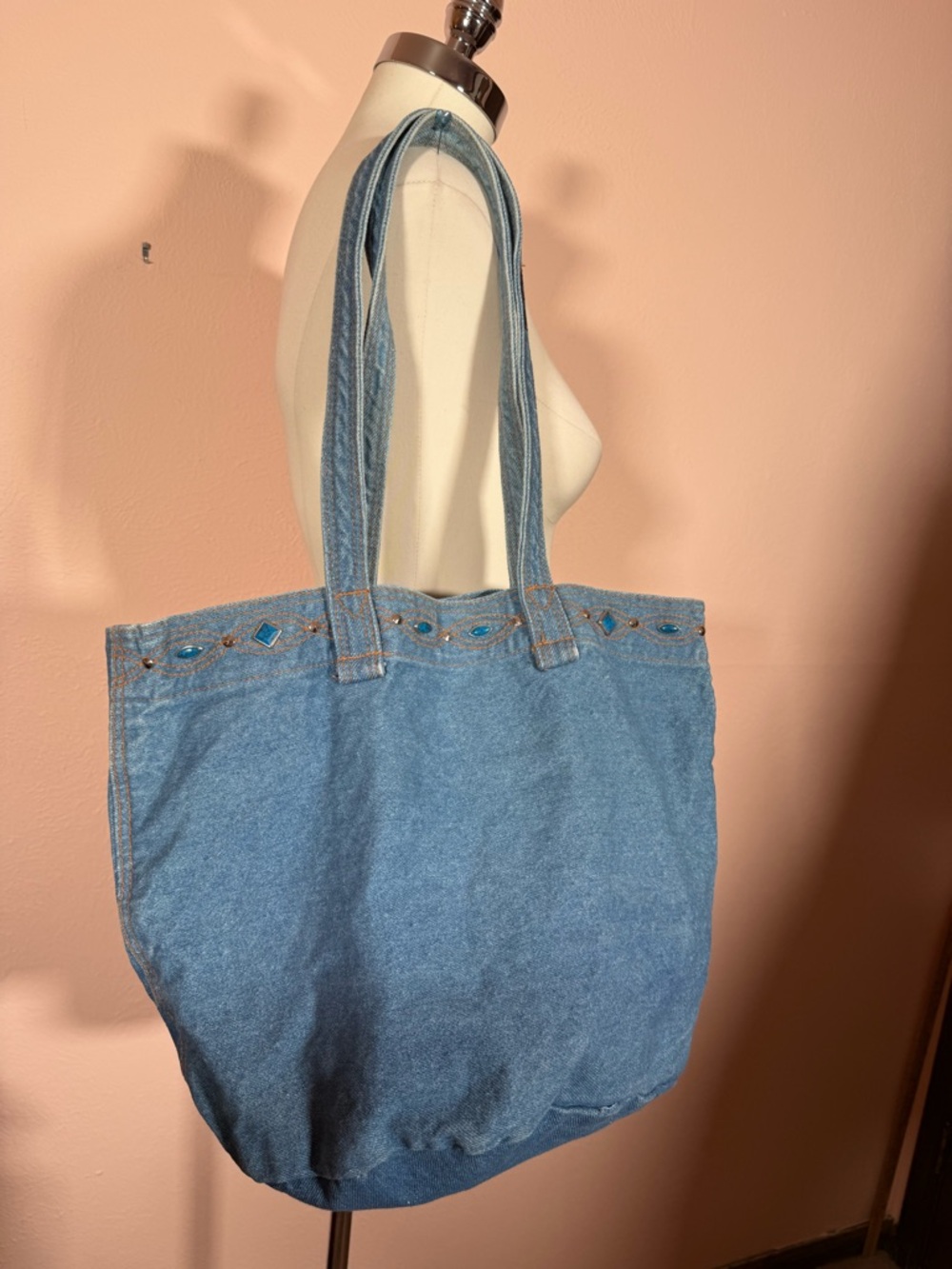 Vintage 1980’s Denim Southwestern Studded Festival Bucket Tote Bag - Picture 4 of 17